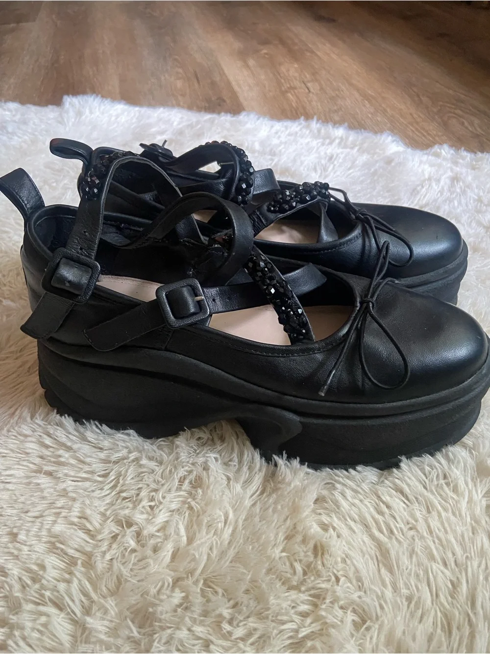 Simone Rocha Black Platform Mary Jane Shoes with Beaded Strap